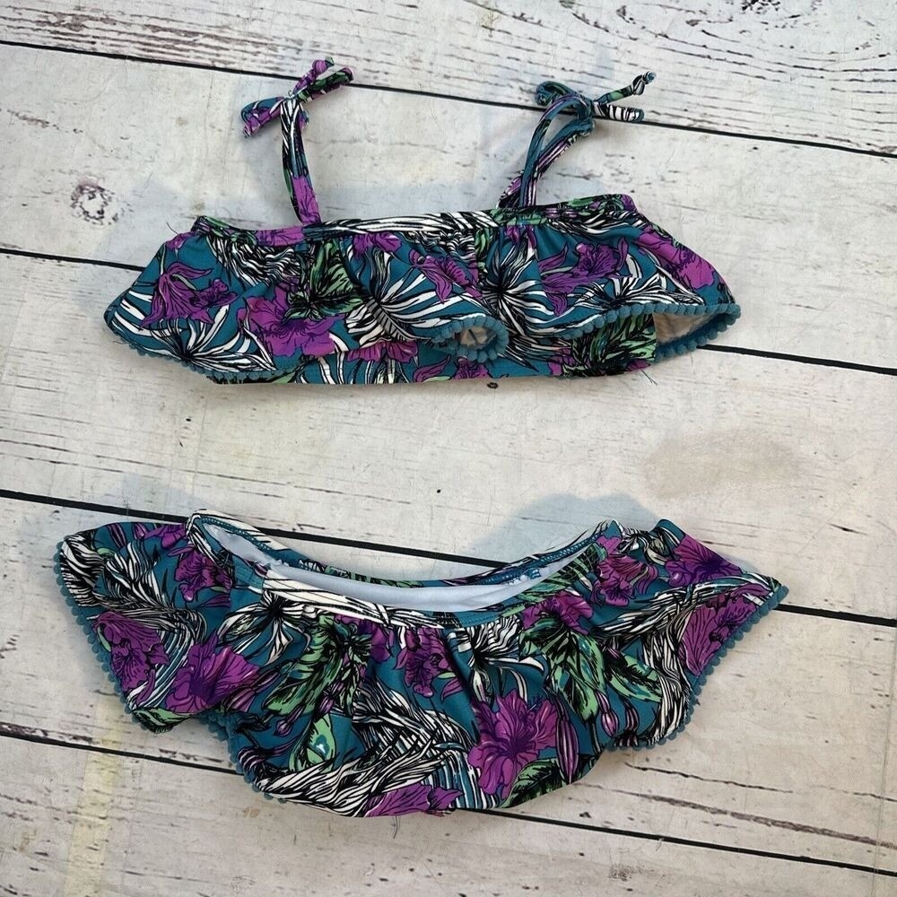 Jessica Simpson Bikini Baby  12 M Ruffle Teal Blue Purple Floral Bathing Suit